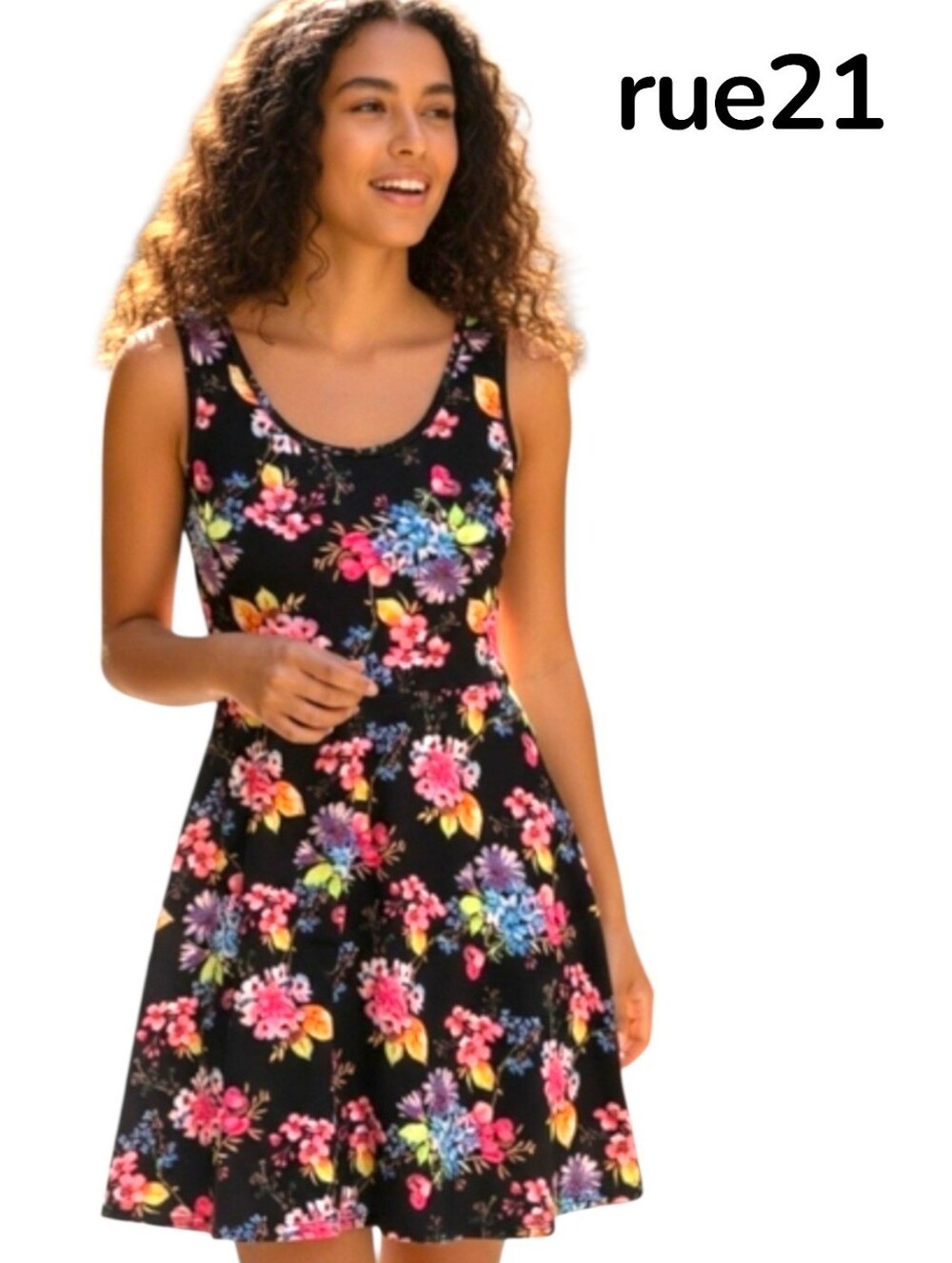 rue21 Black Floral Knit Fit & Flare Skater Sleeveless Mini Dress Scoop Neck MED
